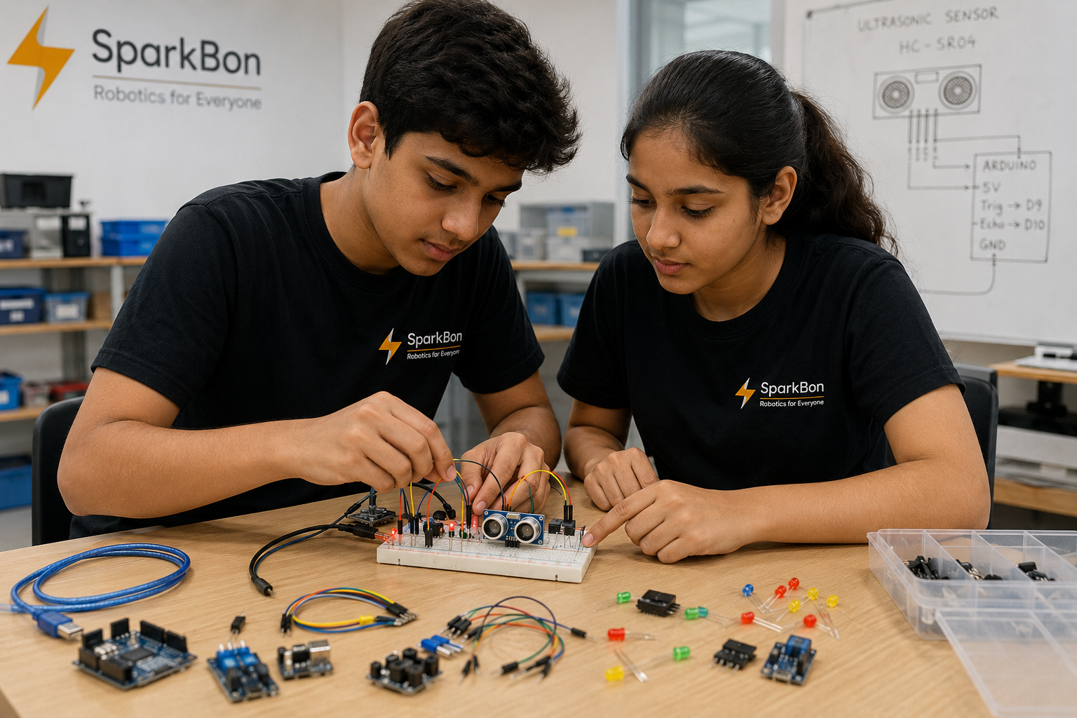 Students building an Arduino ultrasonic sensor circuit